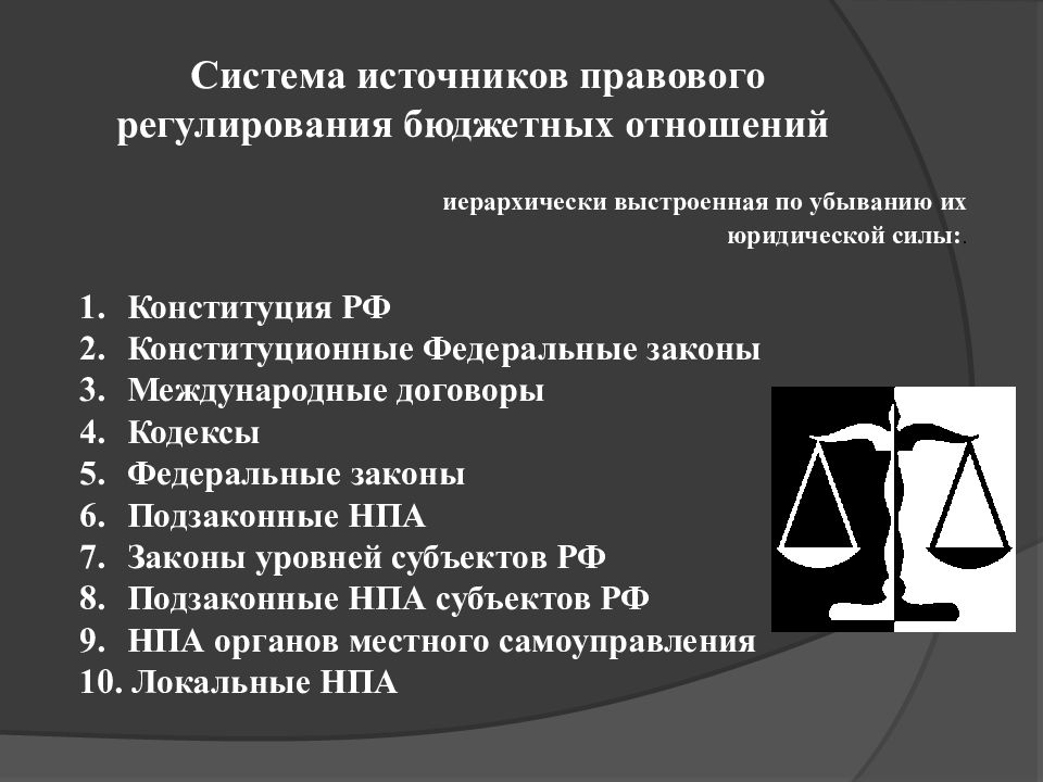 Убывания юридической силы. Источники нормативно-правового регулирования. Нормативные правовые акты, регулирующие бюджетные правоотношения. Международные законы. Основные источники правового регулирования:.