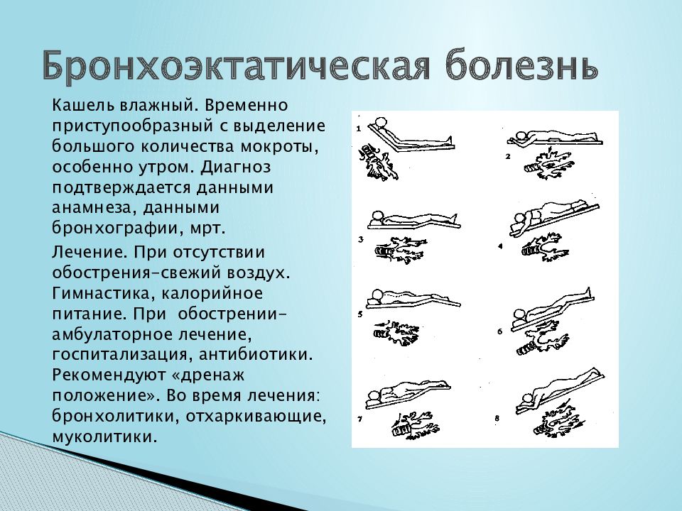 Дренажное положение. При бронхоэктатической болезни. ЛФК при бронхоэктатической болезни. Постуральный дренаж при бронхоэктатической болезни. Дренажное положение при бронхоэктатической болезни.