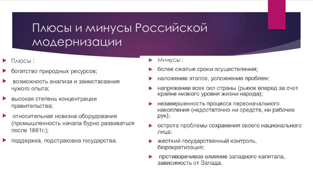 Итоги модернизации. Итоги модернизации СССР плюсы и минусы. Основные этапы модернизации в России. Минусы России. Плюсы и минусы Российской Федерации.