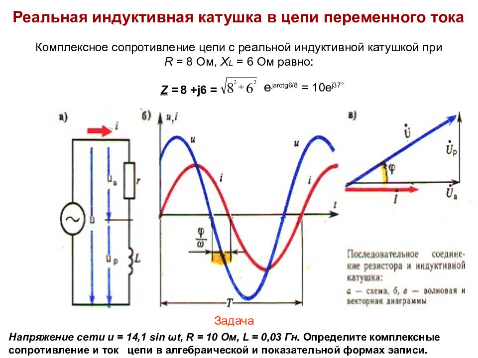 Катушка в цепи переменного напряжения. Реальная катушка индуктивности в цепи переменного тока. Цепь переменного тока с реальной катушкой. Цепь переменного тока с реальным конденсатором. Катушка индуктивности и резистор в цепи переменного тока.