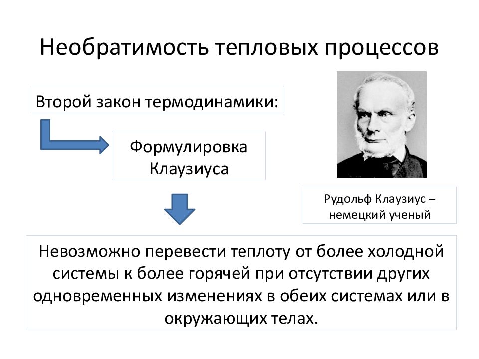 Признаки необратимого процесса. Тепловые процессы. Необратимость тепловых процессов.. 2 Закон термодинамики Необратимость процессов. 2 Закон термодинамики формулировка Клаузиуса.