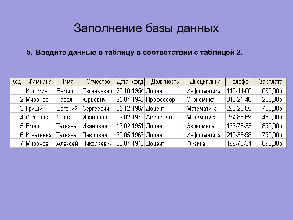 Виды заполнения. Примеры таблиц баз данных. База данных Информатика таблица. Таблица 3.3 Информатика база данных. Создание базы данных таблица Информатика.