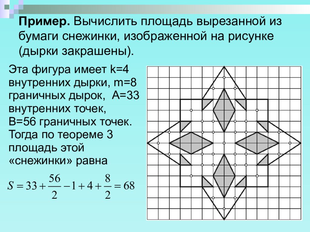 Площадь вырезанной фигуры. Обобщенная формула пика. Формула пика для фигур с дырками. Вычислить площадь звезды. Теорема для нахождения площади фигуры по точкам.