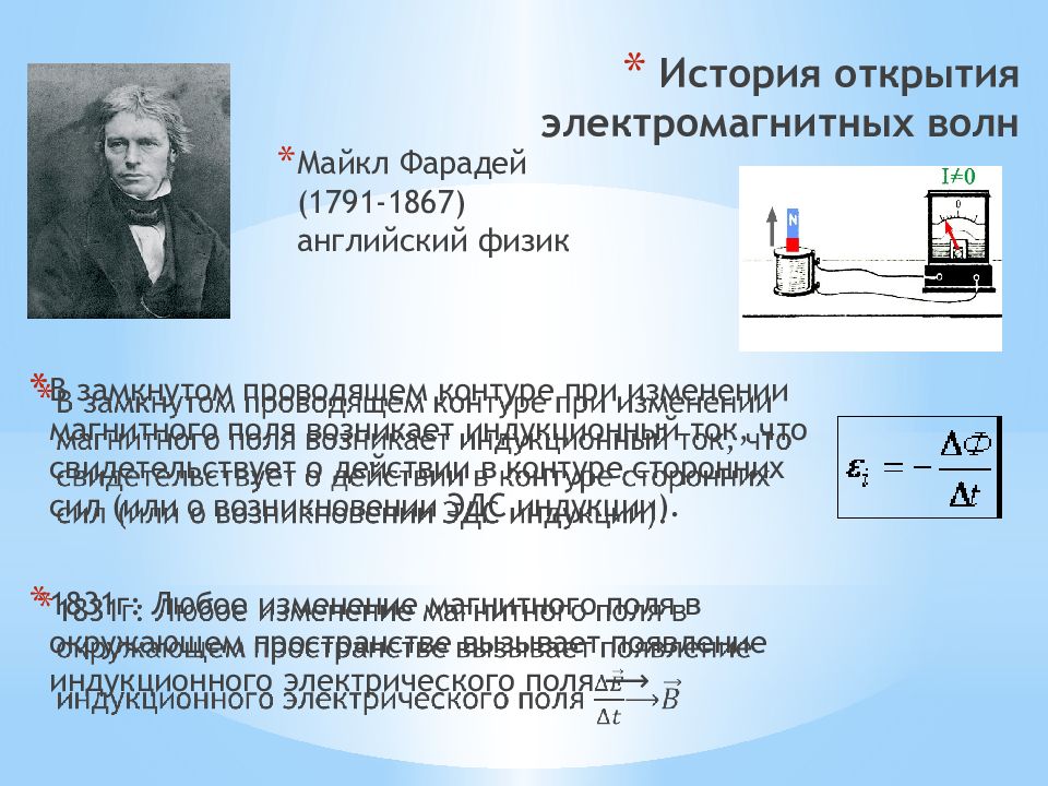 Научное открытие электромагнитная волна. Открытие электромагнитных волн Герцем. Фарадей открытие электромагнитной волны.