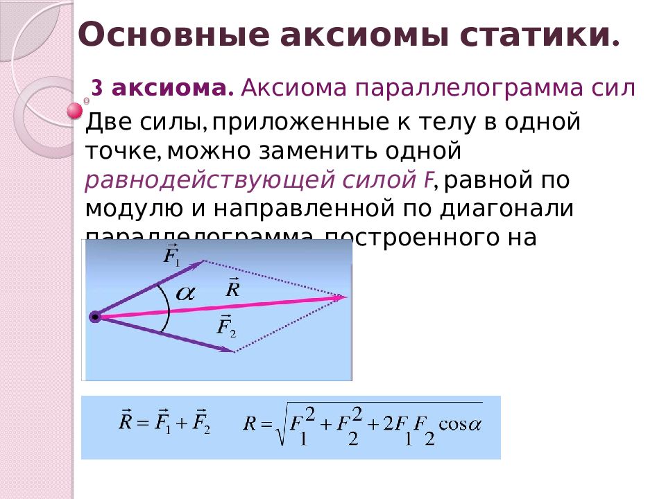 Равнодействующая двух сил приложенных. Аксиома 3 – о параллелограмме сил. Аксиома 3 техническая механика. Аксиома 4 техническая механика. Аксиомы статики 4 правило параллелограмма.