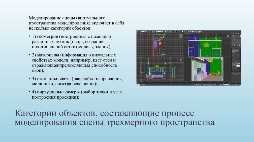 Последний этап работы над трехмерной сценой. Определение сцены в моделировании.