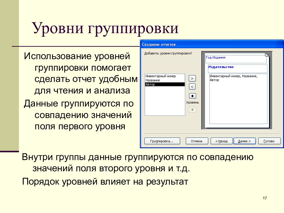 СУБД МС access. Уровни группировки в отчете используются. Отчет с группировкой в access. Уровни группировки access.