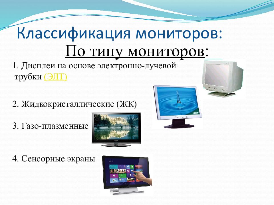 Виды графики пк. Классификация дисплеев монитор. Какие бывают типы мониторов. Классификация ЭЛТ мониторов. Виды мониторов по типу экрана.