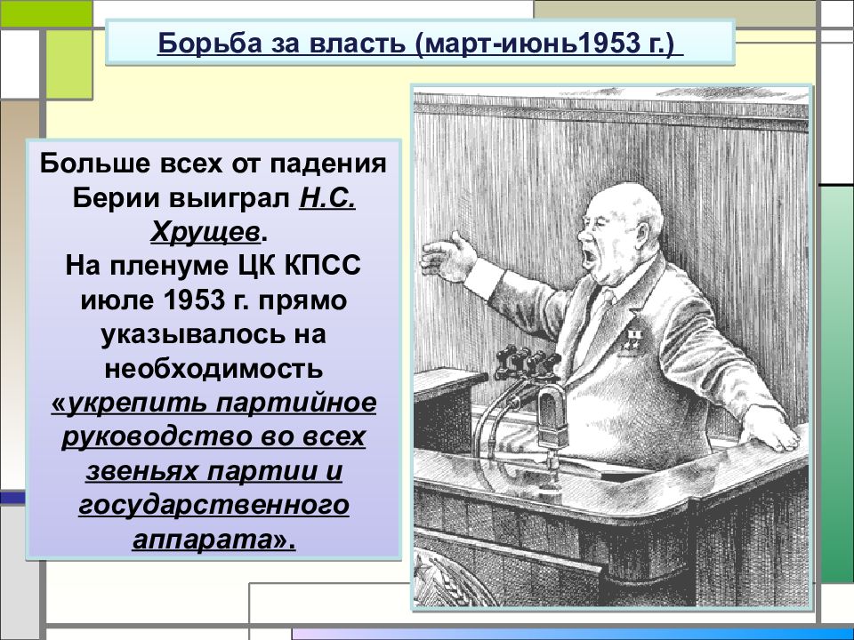 Тест по теме ссср в 1953 1964. Борьба за власть март-июнь 1953г. Борьба за власть 1953-1964. 1953 Г борьба за власть. Март июнь 1953 этапы укрепления власти Хрущева.