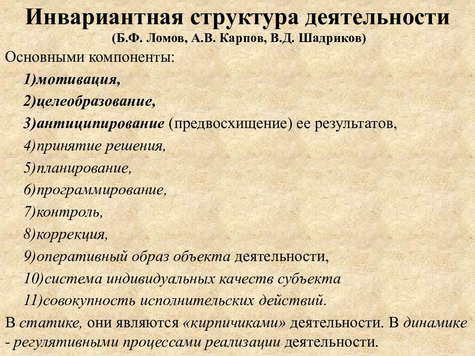 Укажите инвариантные модули по программе труд технология. Структура деятельности. Структура деятельности Шадриков. Структура деятельности по Карпову а.в. Инвариативные структурные компоненты.