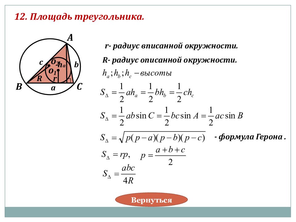 Площадь треугольника вписанного в окружность. Формула нахождения радиуса описанной окружности около треугольника. Формула радиуса вписанной окружности в треугольник. Формула стороны треугольника через радиус описанной окружности. Формула площади треугольника через радиус вписанной.