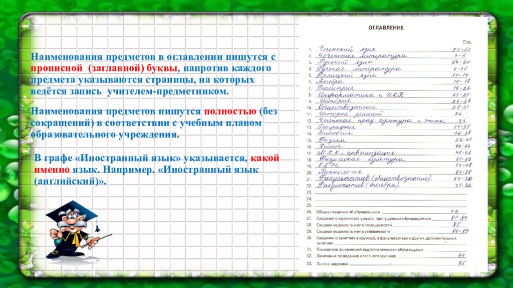 Заполнить содержание. Оглавление классного журнала. Рекомендации по ведению классного журнала. Содержание классного журнала. Оглавление классного журнала в начальной школе.