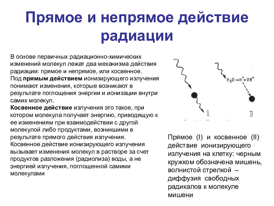 Изменения молекул. Непрямое действие ионизирующего излучения. Прямое и косвенное действие ионизирующего излучения. Прямое и Непрямое действие. Механизм прямого действия радиации.