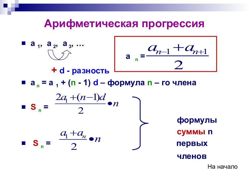 Первый элемент арифметической прогрессии. Формула d в арифметической прогрессии. Сумма арифметической прогрессии формула n(n+1)/2. Формула s арифметической прогрессии. Формула арифметика прогрессии d.