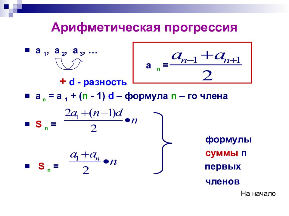 Конечная арифметическая прогрессия. Формула арифметической прогрессии через d. Формула арифметической прогрессии с пояснением. 3 Формулы арифметической прогрессии. Формула суммы арифметической прогрессии d.