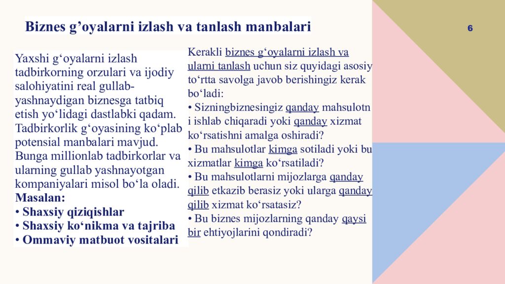 Y axshi biznes-g‘oya va start-up loyihalarni tuzishning tadbirkorlik