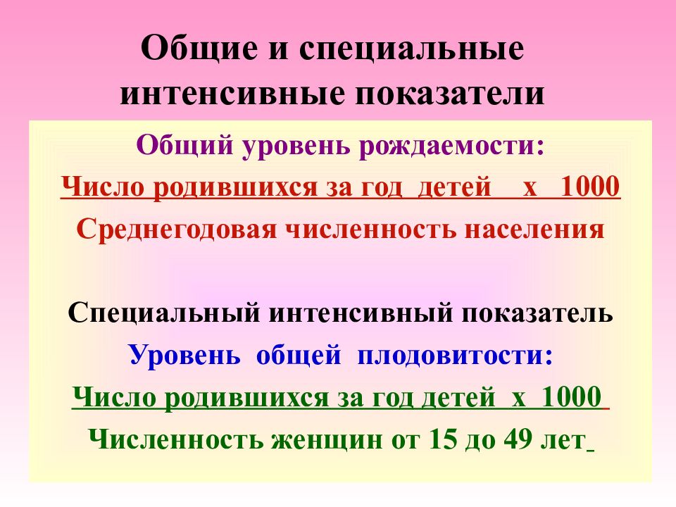 Суммарный уровень. Специальные интенсивные показатели. Общие и специальные показатели рождаемости. Интенсивный показатель рождаемости. Интенсивный специальный коэффициент.