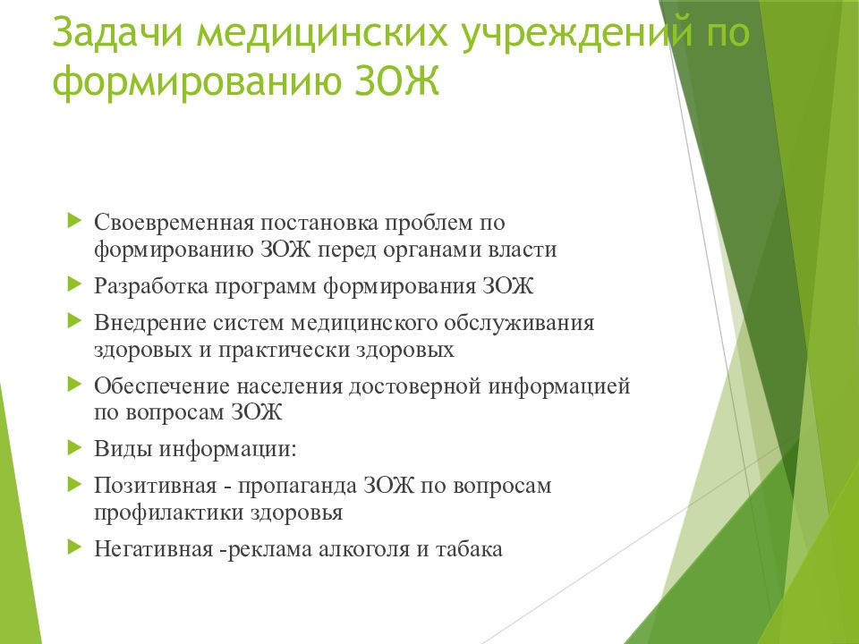 Формирование здорового образа жизни населения. Задачи медицинских учреждений. Задачи медицинских учреждений по формированию ЗОЖ. Задачи медицинской организации. Задачи мед организации.