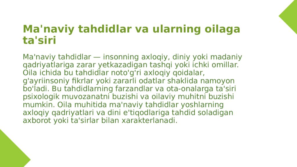 Ma'naviy tahdidlar va ularning oilaga ta'siri