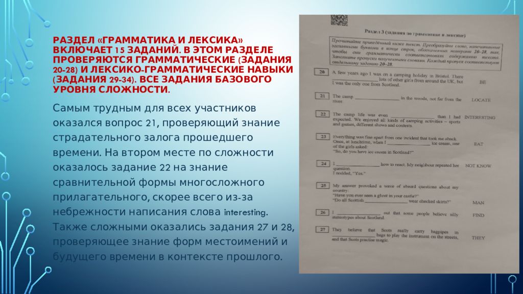 Раздел «Грамматика и лексика» включает 15 заданий. В этом разделе проверяются грамматические (задания 20-28) и лексико-грамматические навыки (задания 29-34).