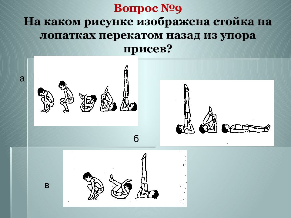 На рисунке изображены упражнения. Стойка на лопатках из упора присев. Из упора присев перекат назад в стойку на лопатках. Перекат назад в стойку на лопатках. Стойка на лопатках пятаком назад.