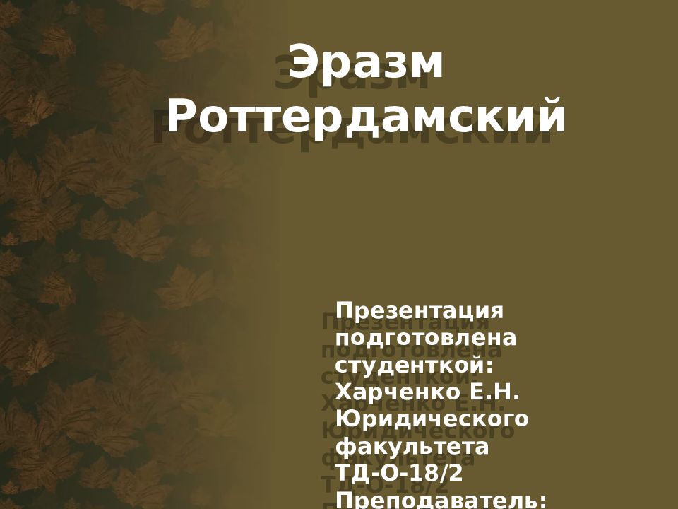 Эразм Роттердамский Презентация подготовлена студенткой: Харченко