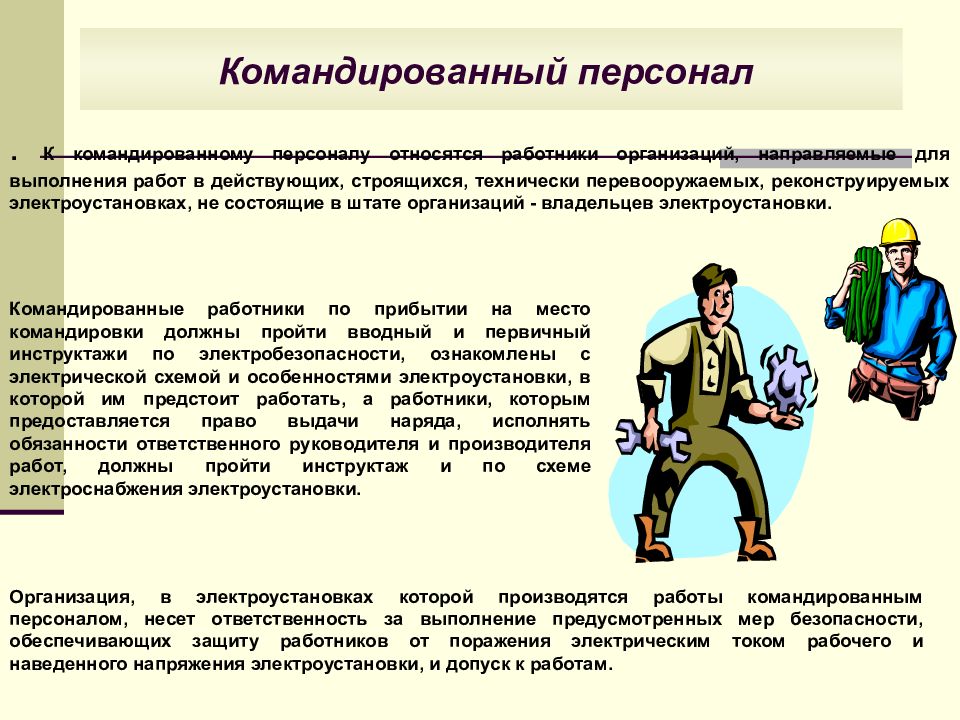 Исполнитель в соответствии. Организация работ командированного персонала. Организация работ командированного персонала в электроустановках. Командированный персонал для работы. Прикомандированный персонал в электроустановках.