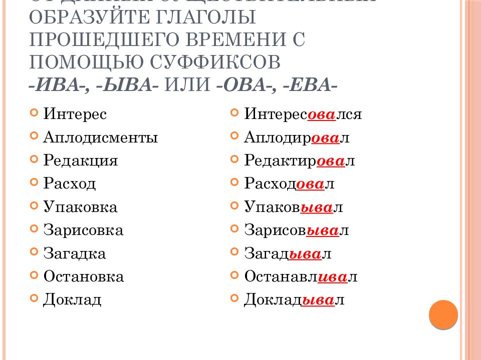 Образуйте прилагательные с суффиксами ев ив. Ова Ива ирова глаголы.