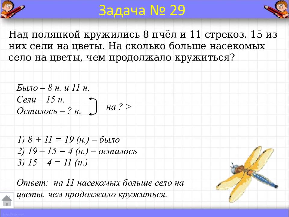 Задачи для 1 класса по математике с краткой записью и схемой