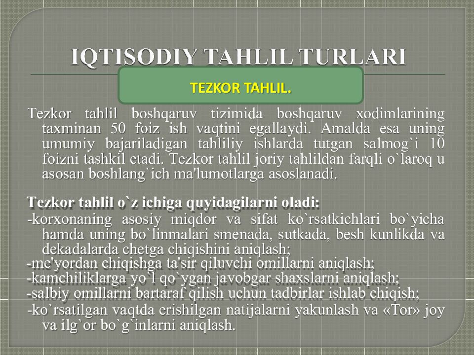 IQTISODIY TAHLILNING TURLARI V A MOLIYAVIY VA BOSHQARUV TAHLILI