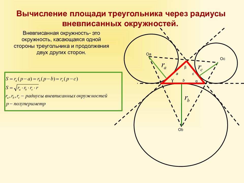 Теорема радиуса. Вневписанная окружность формулы. Радиус вневписанной окружности формула. Радиус вневписанной окружности в треугольник. Площадь треугольника через радиус вневписанной окружности.