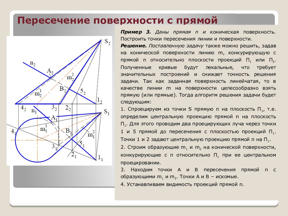 Постройте прямую пересечения плоскостей. Построение точек пересечения прямой с поверхностью. Пересечение прямой с поверхностью Начертательная геометрия. Точки пересечения прямой с поверхностью. Построить точку пересечения.