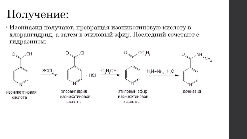 Получение последний. Гидразид изоникотиновой кислоты (изониазид. Схему синтеза изониазида. Синтез гидразида изоникотиновой кислоты. Производные изоникотиновой кислоты.