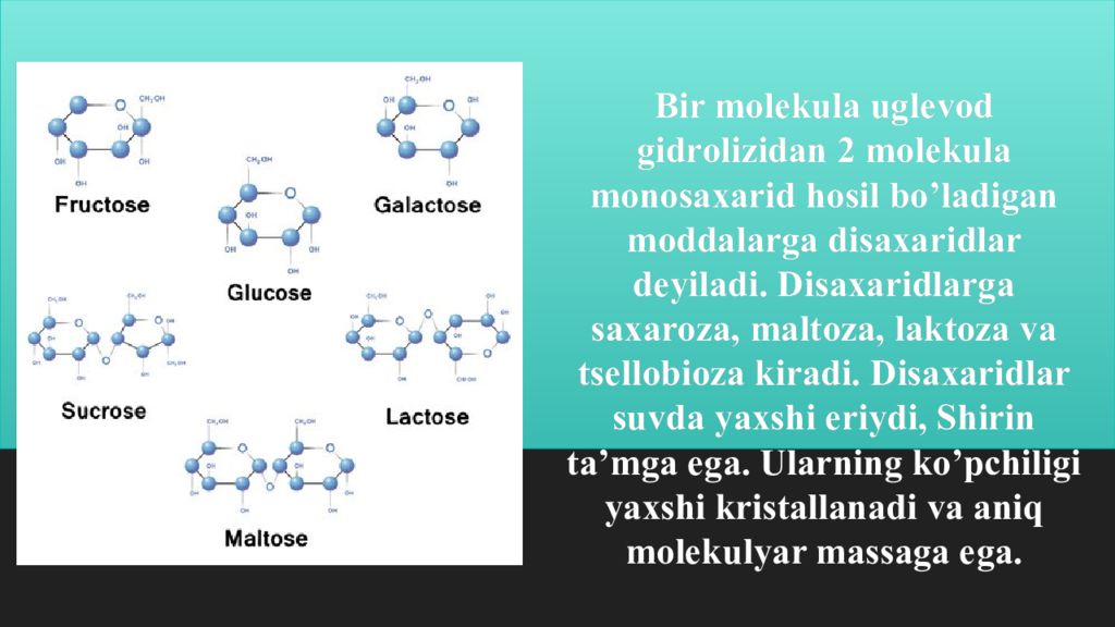 Disaxaridlarning siklotautoizomeriyasi Bir molekula uglevod gidrolizidan 2 molekula monosaxarid hosil bo’ladigan moddalarga disaxaridlar deyiladi. Disaxaridlarga saxaroza, maltoza, laktoza va