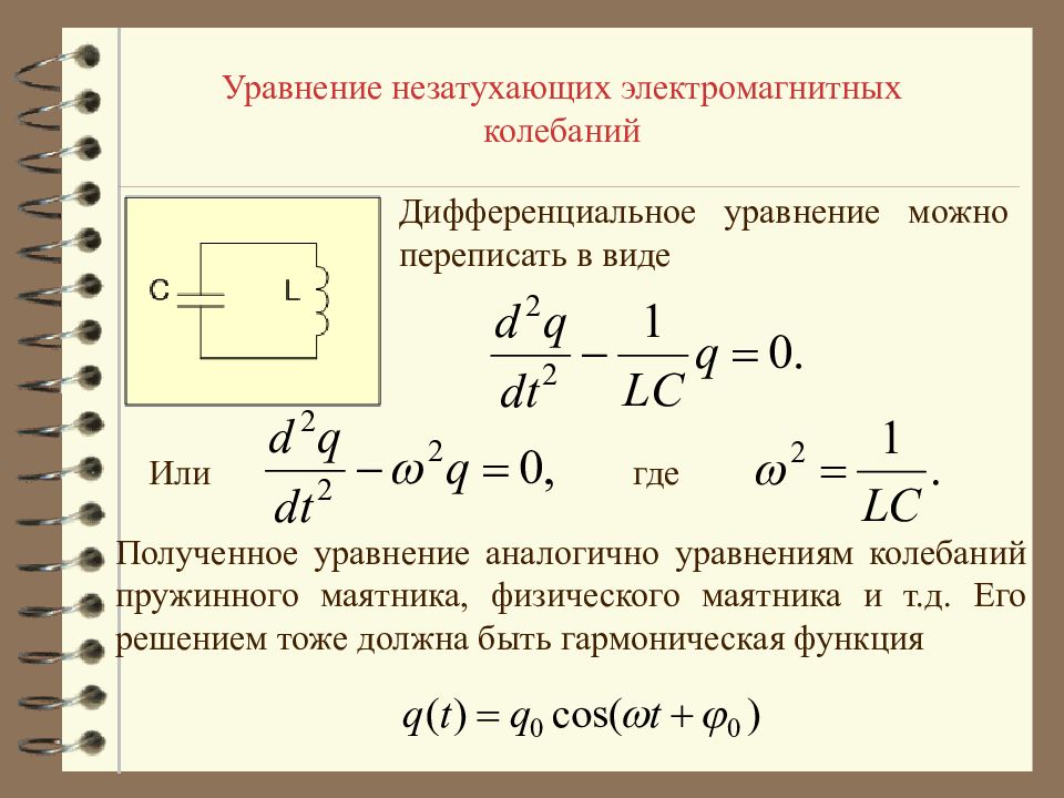 Свободные колебания в колебательном контуре. Уравнения собственных незатухающих электромагнитных колебаний. Решение дифференциальных уравнений свободных колебаний. Уравнение свободных незатухающих электромагнитных колебаний. Дифференциальное уравнение свободных электромагнитных колебаний.