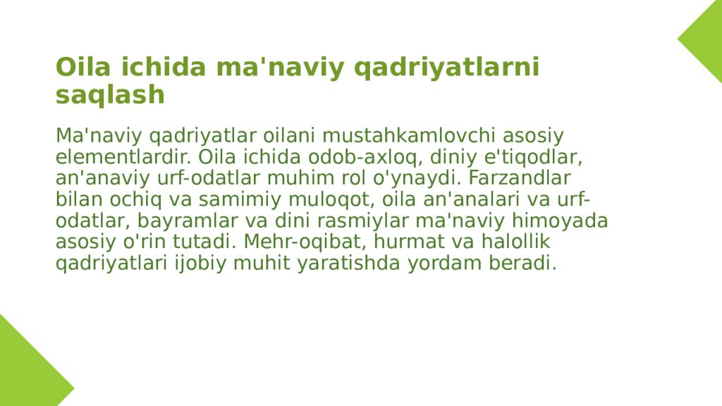 Oila ichida ma'naviy qadriyatlarni saqlash