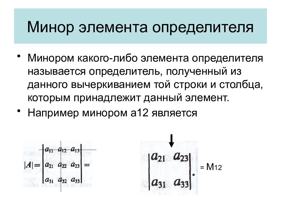 Определитель дополнений. Определитель матрицы методом миноров. Минор элемента a12 матрицы. Минором элемента а 12 определителя является. Минор элемента aij определителя.