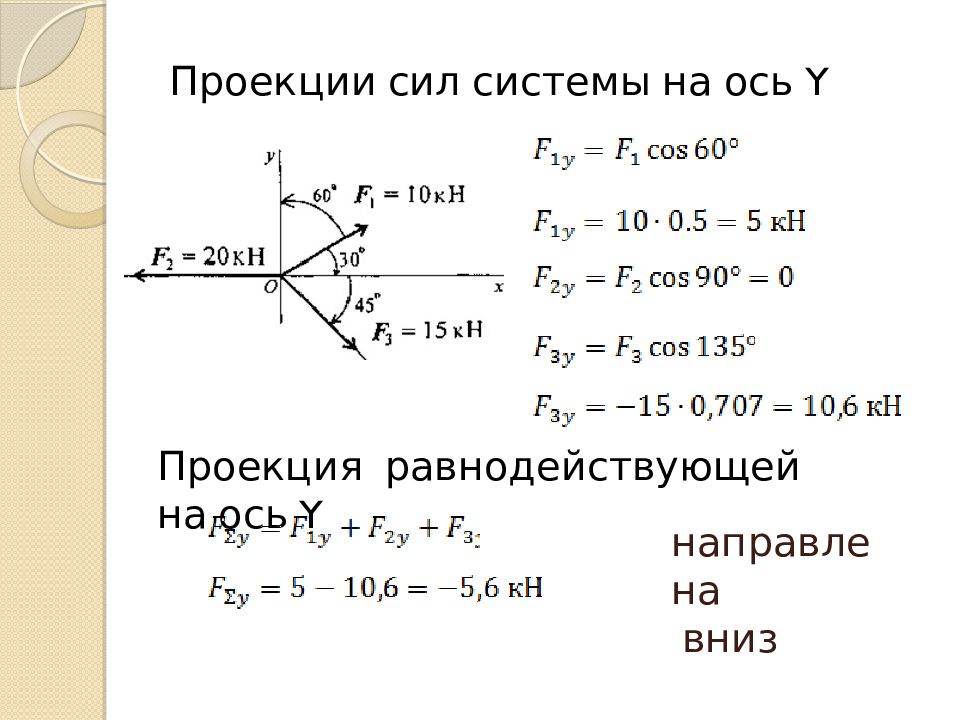 Уравнение проекции сил. Проекция силы на ось техническая механика. Проекции равнодействующей на оси. Проекция силы на ось ОУ формула. Определяем проекции всех сил системы на ось oy.