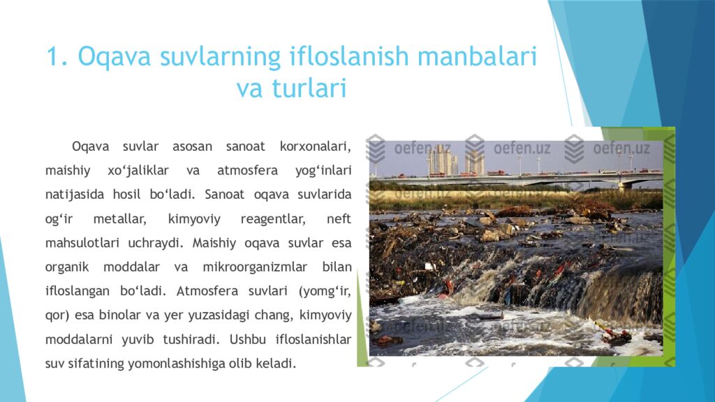 1. Oqava suvlarning ifloslanish manbalari va turlari