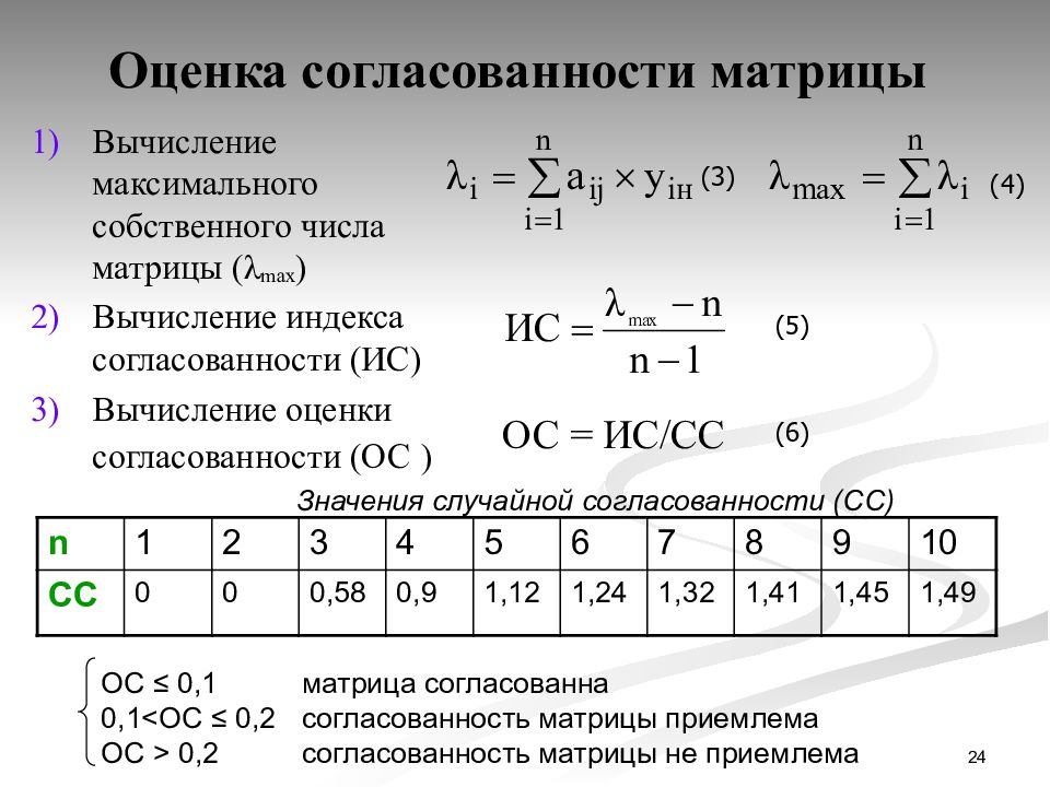 Вычисление оценок. Согласованность матриц. Индекс согласованности матрицы. Вычисление максимального собственного числа матрицы. Оценка согласованности.