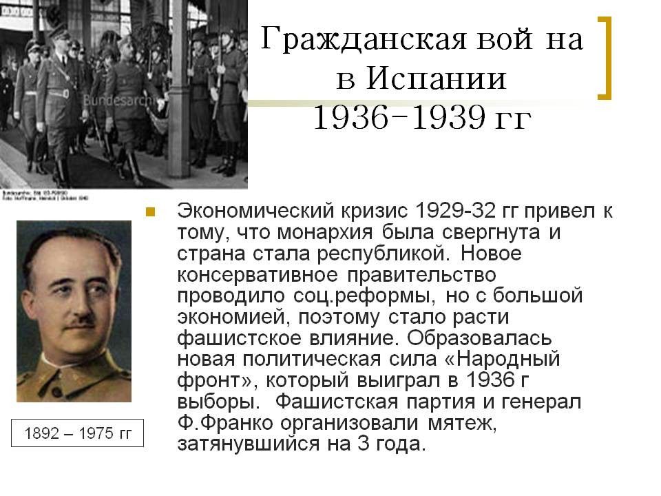 Дайте характеристику гражданской войны 1936 1939 в испании по примерному плану политическое развитие