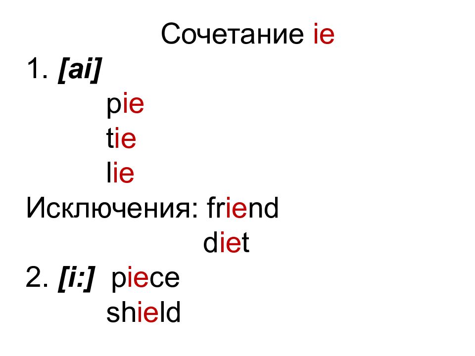 Reading rules. Сочетание букв ie в английском языке. Буквосочетания ie в английском. Ie чтение в английском. Правила чтения ie в английском языке.