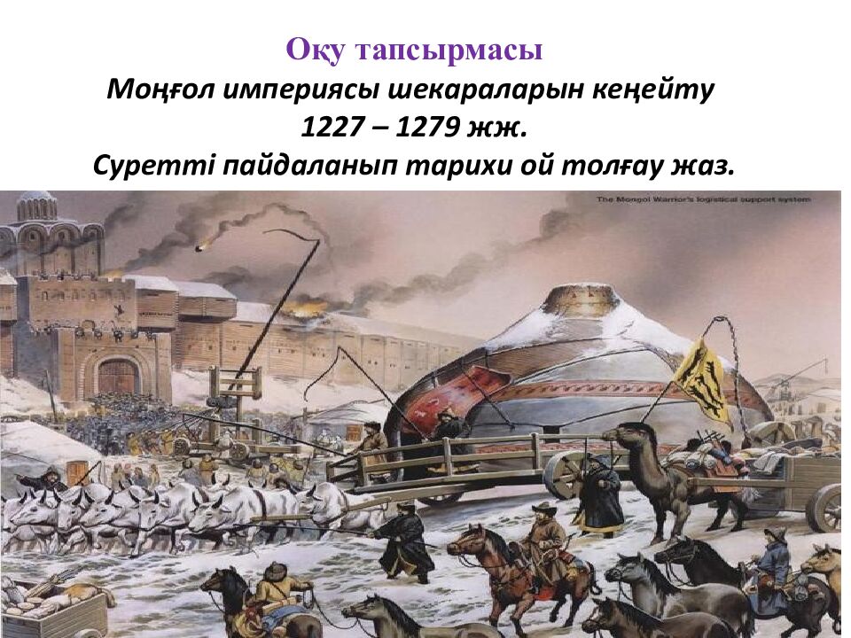 Оқу тапсырма сы Моңғол империясы шекараларын кеңейту   1227  – 1279  жж. Суретті пайдаланып тарихи ой толғау жаз.