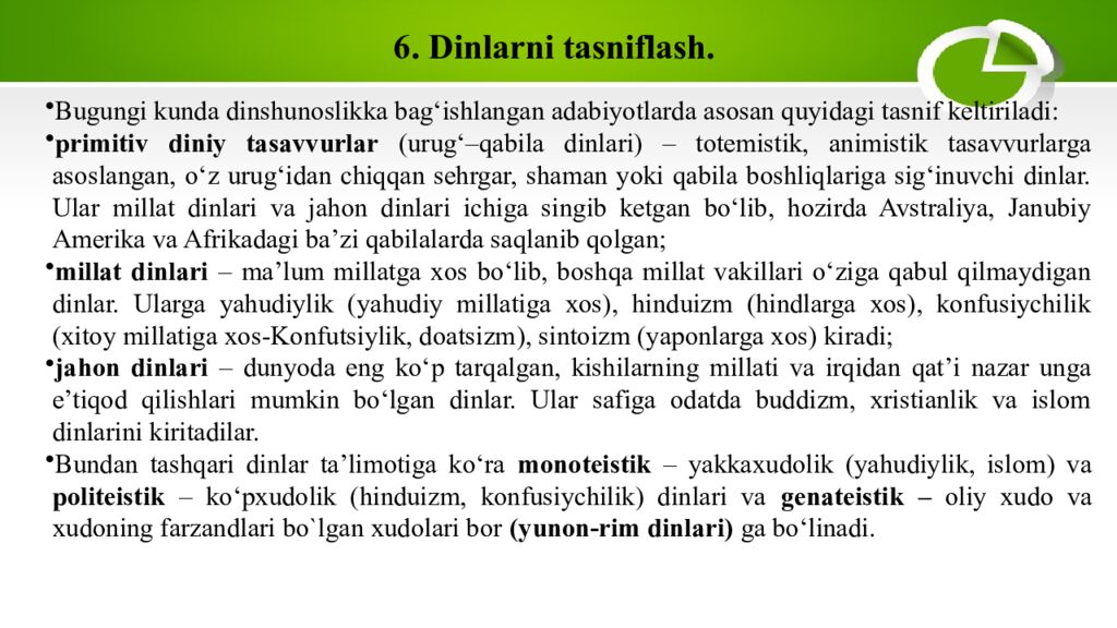 6. Dinlarni tasniflash.