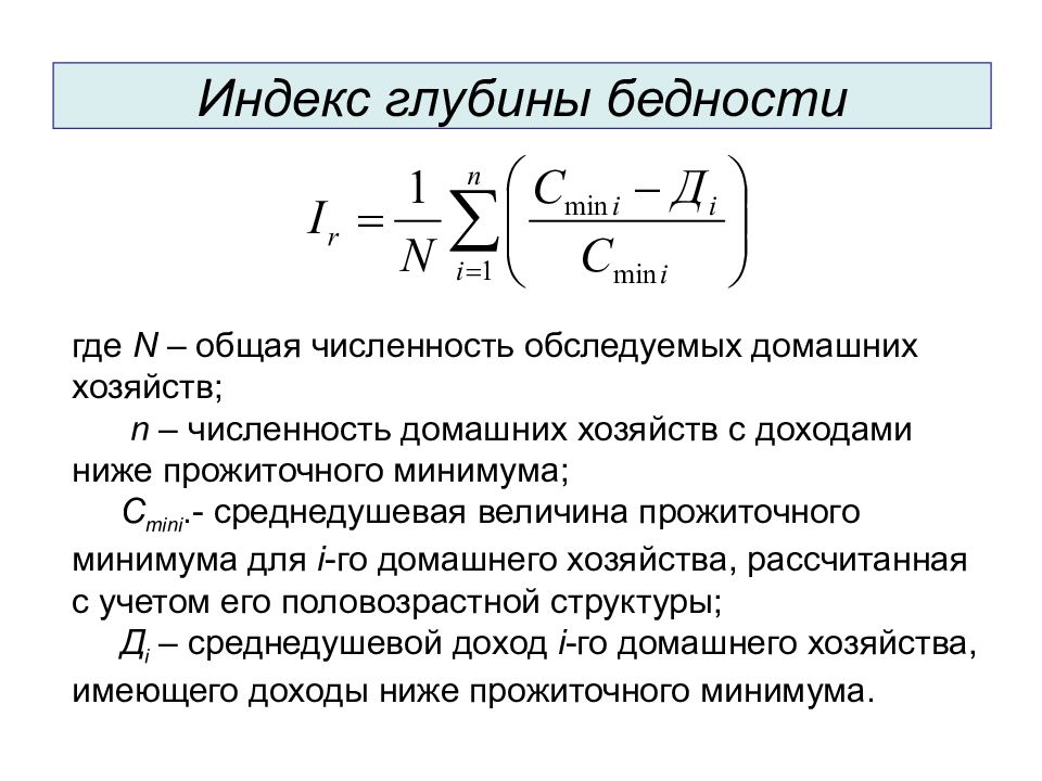 Включи показатель. Индекс остроты бедности. Показатели бедности формулы. Индекс глубины бедности. Коэффициент глубины бедности формула.