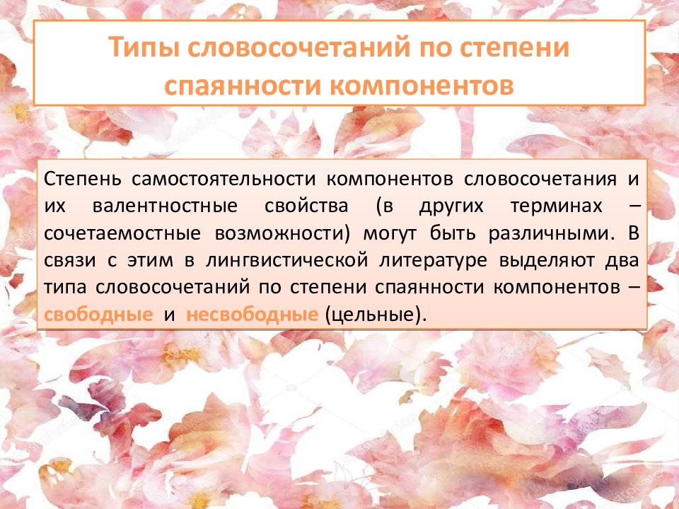 Сохраненная словосочетание. Тип спаянности компонентов в словосочетании.