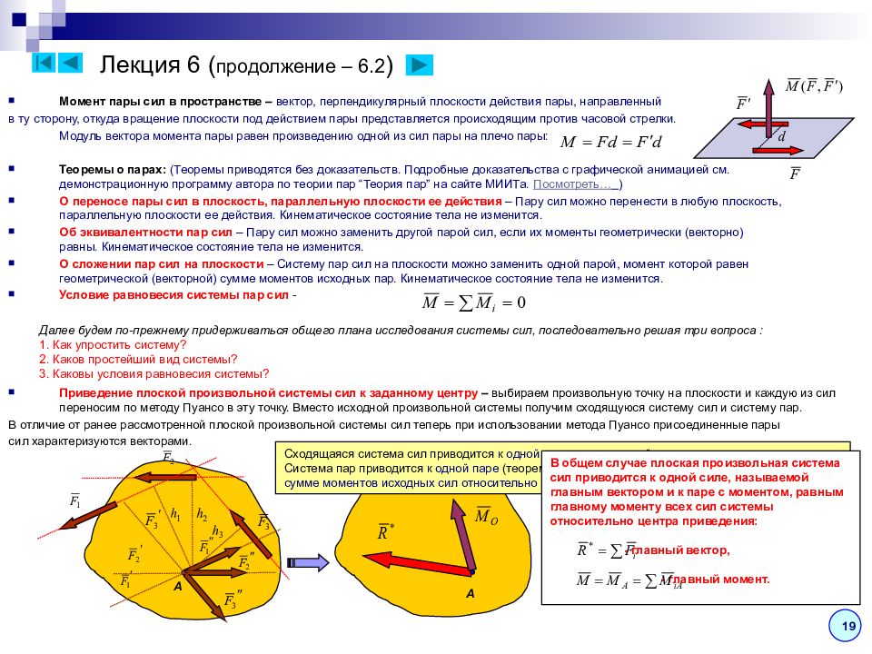 Момент системы сил. Равновесие системы пар сил на плоскости. Теория пар сил в пространстве. Главный вектор пары сил. Сложение пар сил в пространстве.
