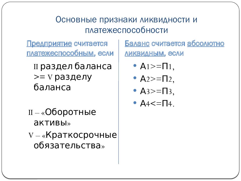 Анализ ликвидности и платежеспособности предприятия презентация