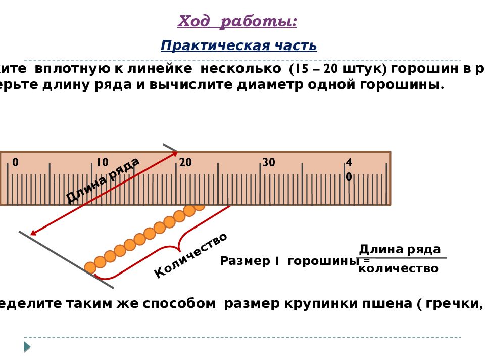 Метод рядом. Положите вплотную к линейке несколько. Способ рядов. Измерить длину ряда и вычислить диаметр одной горошины. Диаметр одной горошины мм.