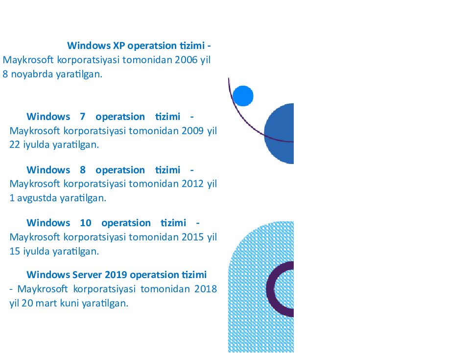 OPERATSION TIZIMLAR Windows 1 FreeBSD V redhat soiaris = •5 Sun Cobalt